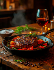 Juicy medium rare steak with flavorful vegetables