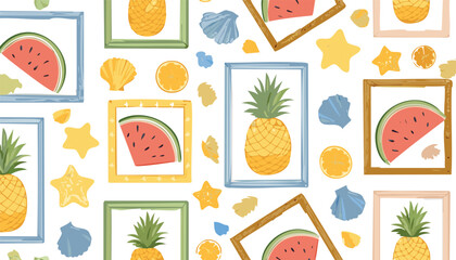 Cute summer seamless pattern with fruits. Hand drawn watermelon, pineapple, seashell, melon in frames. Summer vacation trendy print. children, doodle, graphic, mosaic, ornament, palm, print, repeat, 