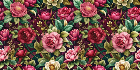 Vibrant floral pattern featuring rich, blooming roses and peonies.
