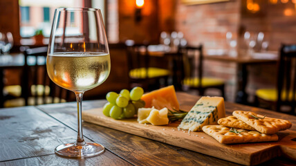 Cheese plate with grapes and white wine - cozy gastronomy