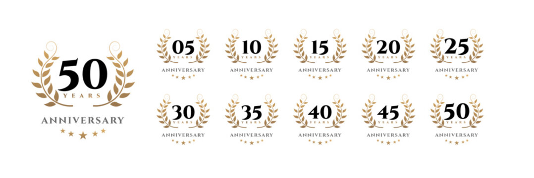 Golden Anniversary Wreath Logos 5, 10, 15, 20, 25, 30, 35, 40, 45, 50 Years