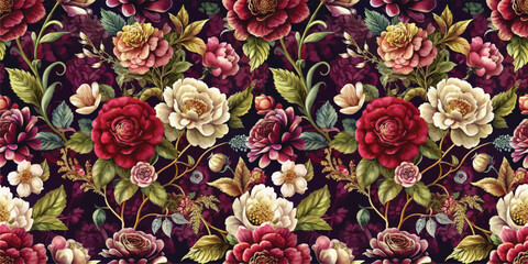 Vibrant floral pattern featuring an array of roses and blossoms on a rich background.