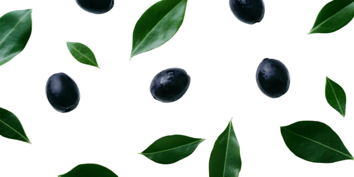 Dark olives and green leaves on a dark background creating an elegant pattern