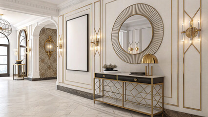 Elegant Hallway with Luxurious Decor and Stylish Lighting Showcasing a Blank Poster Frame for Endless Possibilities