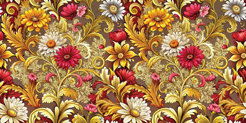 A vibrant floral pattern featuring daisy and chrysanthemum motifs in warm hues.