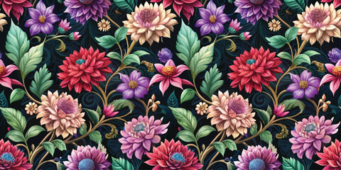 Vibrant floral pattern with varied colors and intricate details on a dark background.