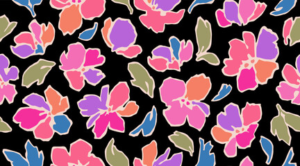 Exotic hand drawn flowers, seamless patterns with floral for fabric, textiles, clothing, wrapping paper, cover, banner, home decor, abstract backgrounds. Vector illustration.