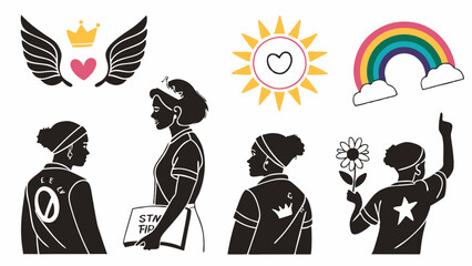 Silhouettes of Diverse Women with Icons for Empowerment Dreams Future Success Crown Wings Sun Rainbow Flower Book Star