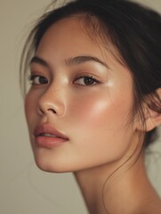 Naklejka premium Graceful Asian Woman in Soft Light Beauty Pose