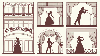 Silhouettes of performers on vintage theater stage singer musician dancer entertainment show classic style vector illustration