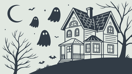 Spooky Halloween haunted house illustration with flying ghosts bats crescent moon and bare trees vector art for holiday design