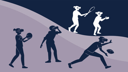 People playing virtual reality sports games and exercising VR technology concept