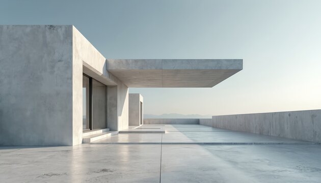 Minimalist 3d render of modern concrete architecture. Empty cement floor, exterior. Contemporary facade, white geometric shapes. Building design, showroom with copy space for product, car