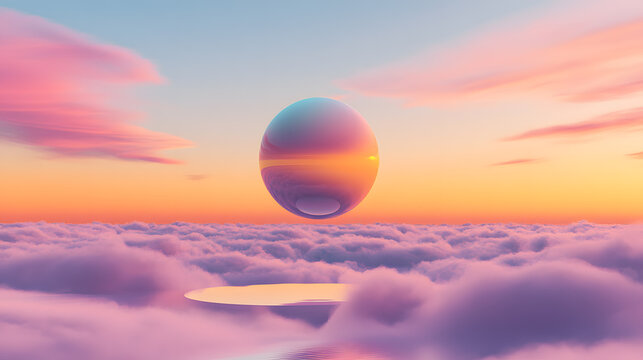 Surreal Scene with a Glowing Sphere Above Clouds at Sunset