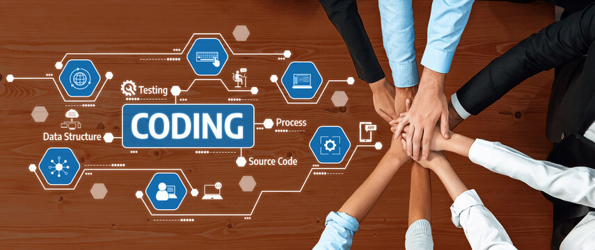 A top-down view of diverse hands engaged in a collaborative coding session, showcasing teamwork alongside various technical concepts in a modern workspace. Amity