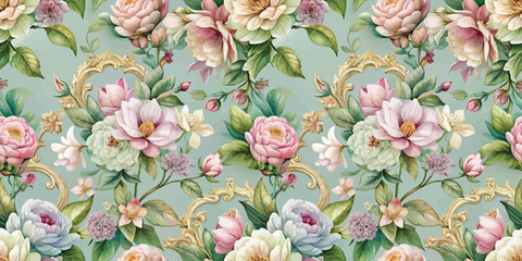 Elegant floral pattern with soft pink, white, and green hues on a light blue background.