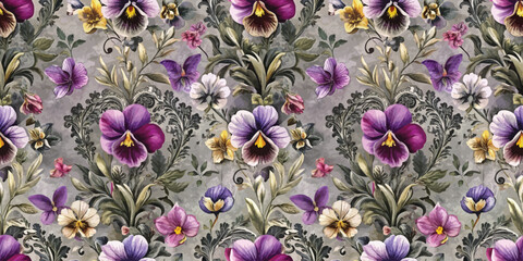 Vibrant floral pattern featuring purple and yellow pansies on a textured background.