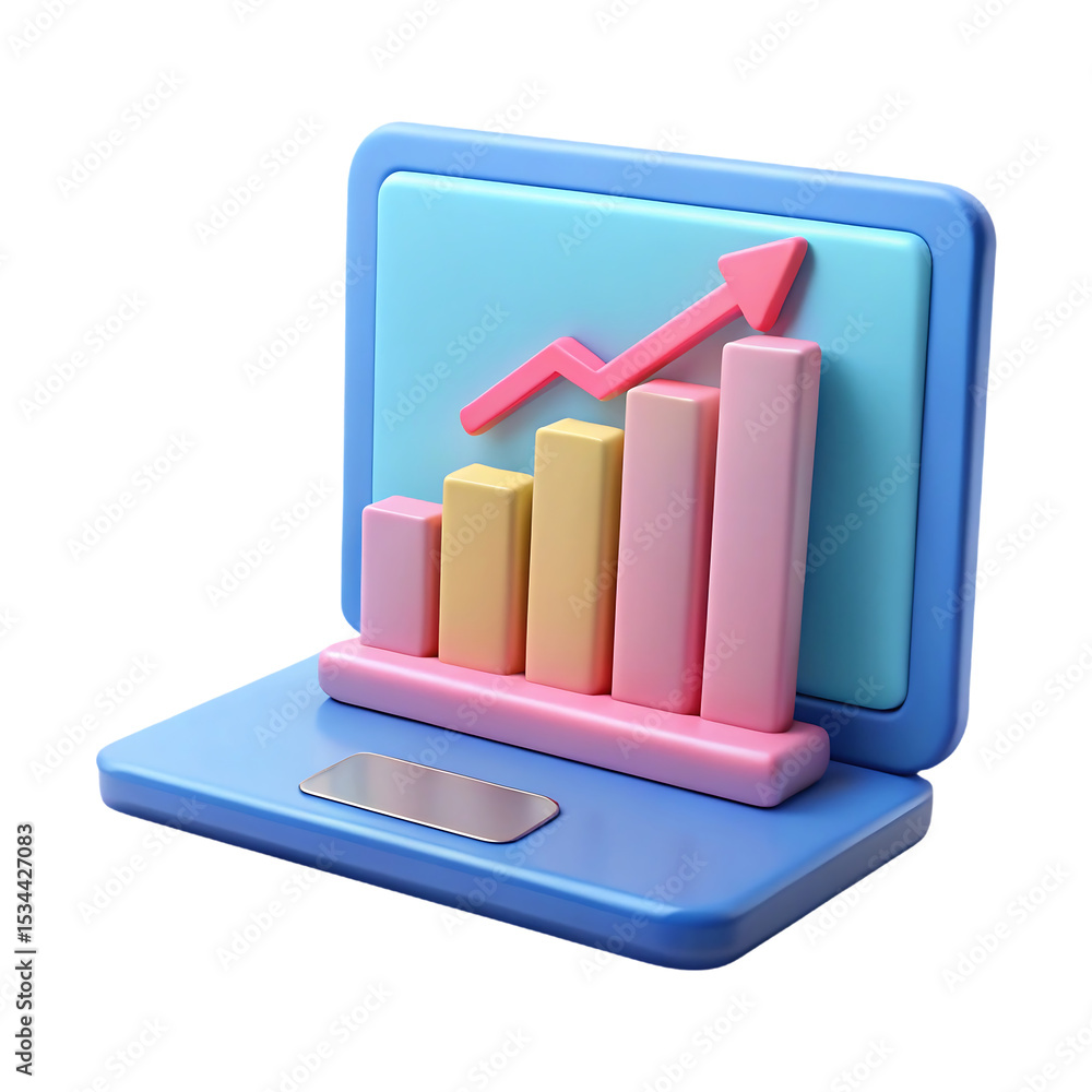 Poster 3d render of laptop showing upward trending bar graph isolated on transparent background
