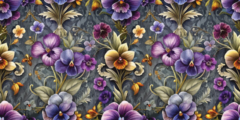 Vibrant floral pattern with purple and yellow pansies on a dark textured background.