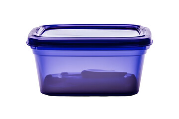 Airtight blue plastic container filled with food against a black background studio