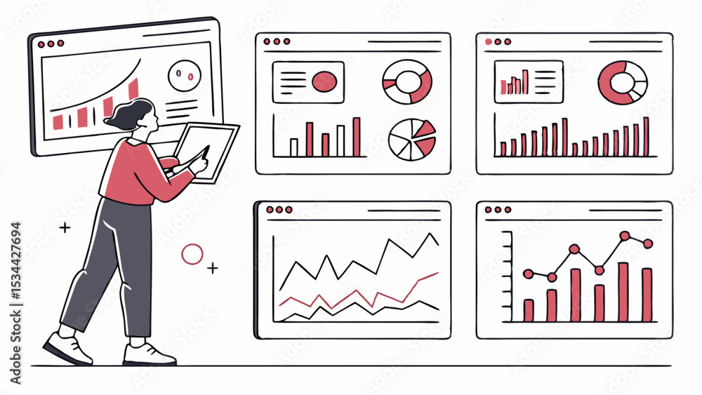 Poster woman analyzing business data on screen with charts and graphs. digital marketing and finance report