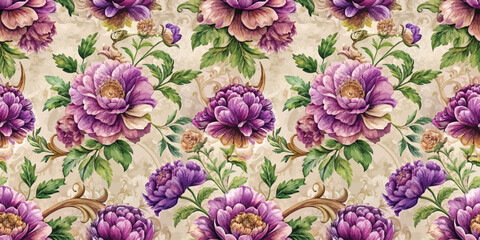 Elegant floral pattern featuring large purple peonies and delicate leaves.