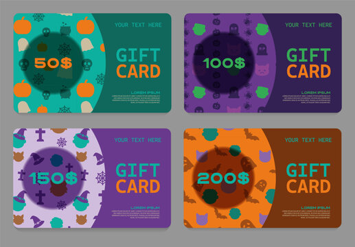 Colorful vector set of Halloween gift cards with spooky icons, pumpkins, ghosts, bats, and skulls. Modern seasonal templates for coupons, discounts, vouchers, and themed promotions.