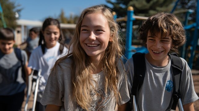 Smiles in the Schoolyard: A group of young children, full of vitality, walking confidently toward a vibrant, bustling playground. A picture that shows their friendships and shared joy.