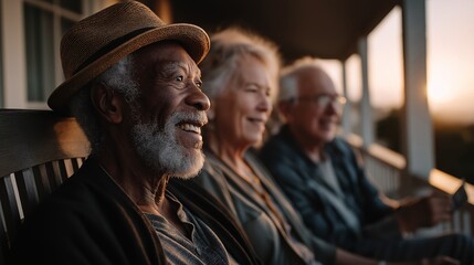Obraz premium Golden Years of Friendship: Three senior friends relish the golden hour, relaxing on a porch, basking in the warm glow of the setting sun, showcasing the beauty of aging and companionship.