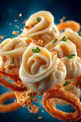Plate of pierogi, Polish dumplings with filling, topped with parsley on deep blue gradient. Concept of pierogi showcasing textures, colors, and appetizing presentation.