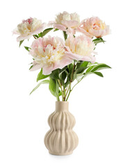 Vase with beautiful peony flowers on white background