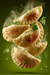 Four pierogi, Polish dumplings with filling, suspended mid-air with steam rising. Concept of vibrant presentation focusing on textures, evoking warmth of pierogi.