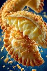 Golden-brown pierogi, Polish dumplings with filling, with bite taken out revealing melted cheese. Concept of flavor and texture in pierogi, inviting and delicious!