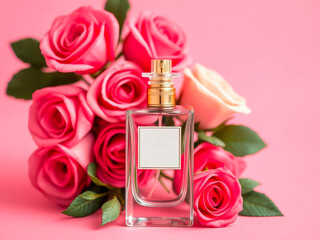 An elegant perfume bottle surrounded by fresh roses.