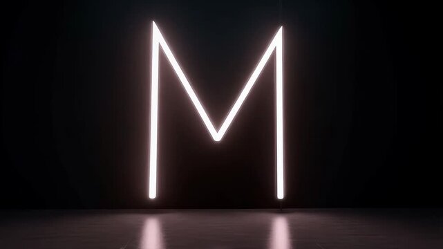 Glowing white letter 'M' stands illuminated against a dark backdrop, reflected on a polished floor. Modern and minimalist aesthetic