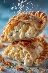 Stack of pierogi, Polish dumplings with filling, featuring golden-brown crusts and creamy fillings topped with green onions. Concept of comfort food, pierogi delight.