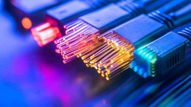 Close-up of Fiber Optic Cables with Illuminated Connectors
