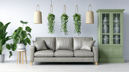 A modern living room with white walls, a green bookcase, and a light brown leather sofa. The scene includes three pendant lights hanging from the ceiling in beige shades