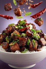 Szechuan stir-fried tofu and vegetables topped with sesame seeds, colorful mix of flavors. Concept of vibrant Szechuan-style cuisine highlighting spices, texture.