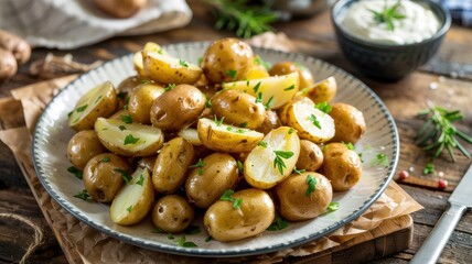 A dish with crispy new potatoes garnished with freshly chopped parsley is served on a wooden table. In the background is a small plate with sour cream sauce and sprigs of rosemary.