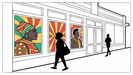 People walking past storefront windows displaying vibrant colorful pop art portraits on an urban street