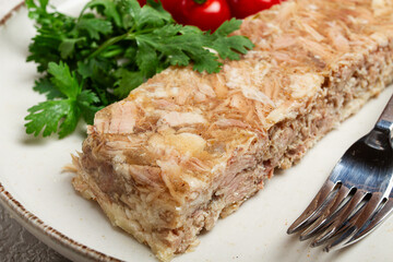 pork jelly, aspic, homemade, cold appetizer, no people,