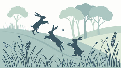 Wildlife silhouette illustration of three hares running on a grassy nature hill.