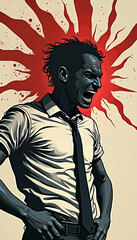 A distressed man screams as red visual bursts erupt behind him in surreal form.