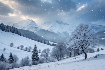 Snowy mountain landscape with winter trees