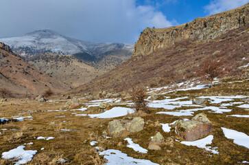 rocks and snow in Hrazdan river valley near Bjni village (Kotayk province, Armenia)	