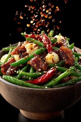 Szechuan-style stir-fry with green beans, crispy bacon, red chilies. Concept of spicy Sichuan-style cuisine dish featuring vibrant colors, rich textures, and bold flavors. 