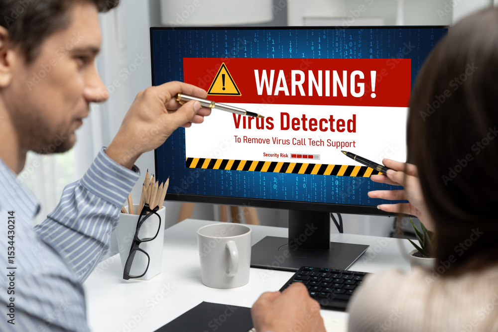 Poster virus warning alert on computer screen detected brisk cyber threat , hacker, computer virus and malw
