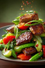 Szechuan stir-fried vegetables, tender meat, sesame seeds. Concept of vibrant, spicy Szechuan-style cuisine dish highlighting colors, textures, warm lighting.