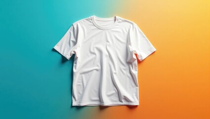 Blank white t shirt mockup on a vibrant teal and orange gradient background